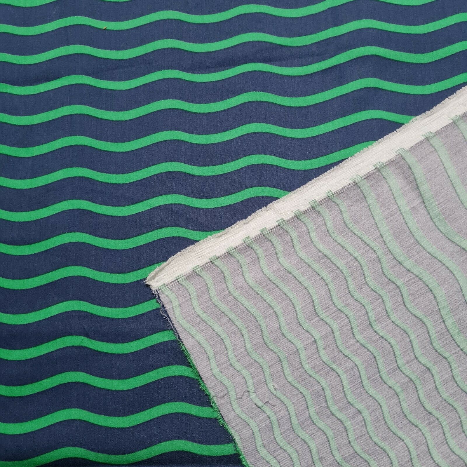 Cotton Sateen Fabric Green And Navy Colored Wavy Striped Printed Sold By Metre - Image 4