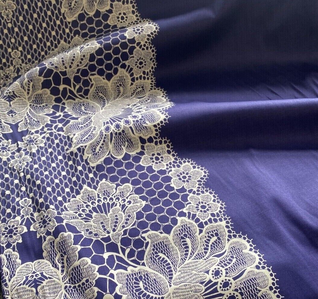 Cotton Satin Fabric White Lace Pattern Border Printed Navy Colour 55'' Wide - Image 2