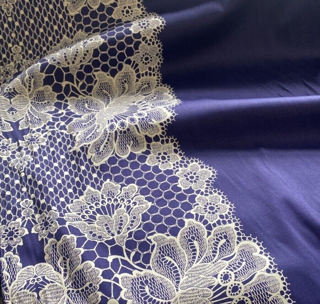 Cotton Satin Fabric White Lace Pattern Border Printed Navy Colour 55'' Wide - Image 9