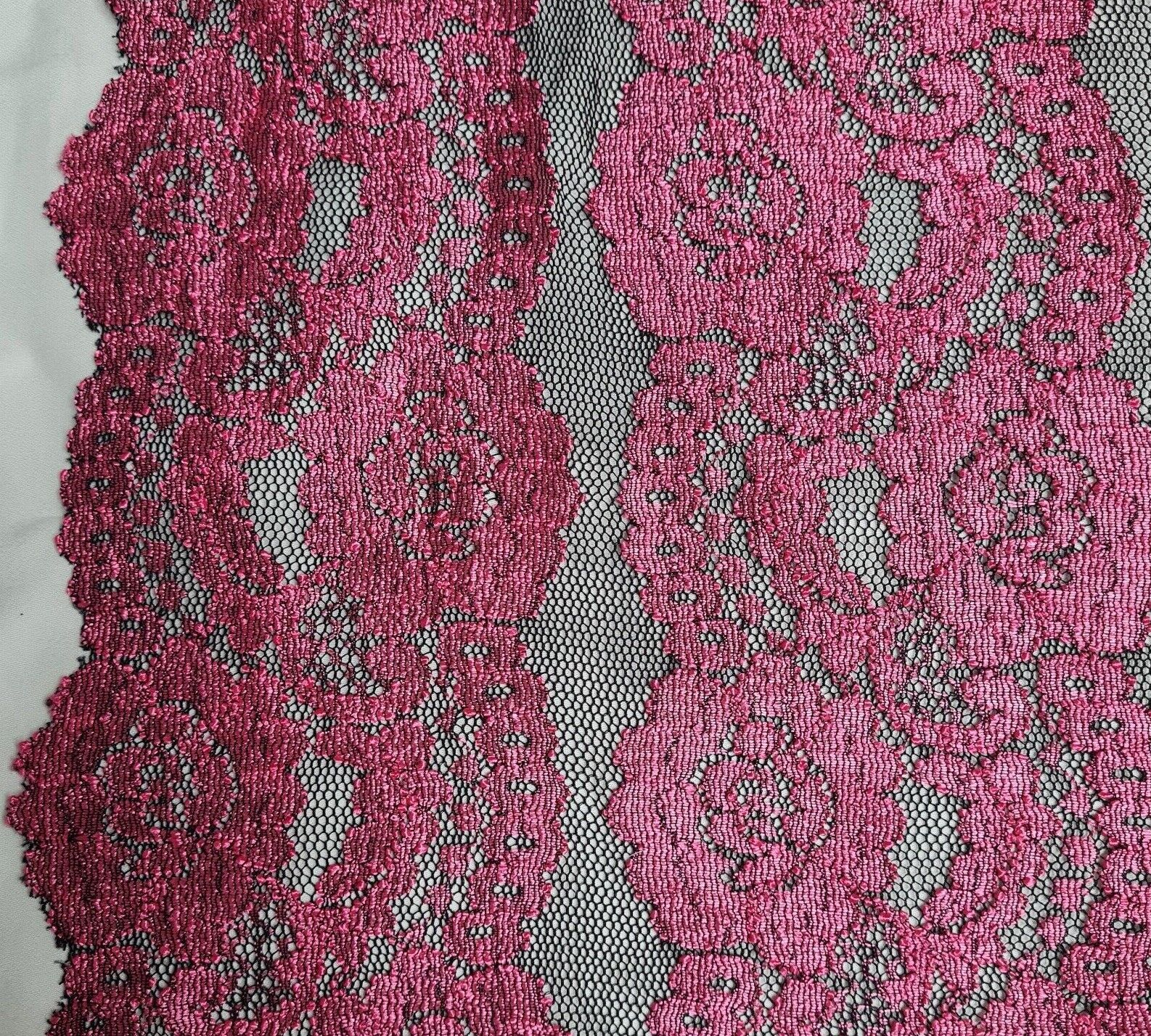 Floral Lace Fabric Fuchsia And Black Black Colours 2 Way Stretch 55" Wide - Image 5