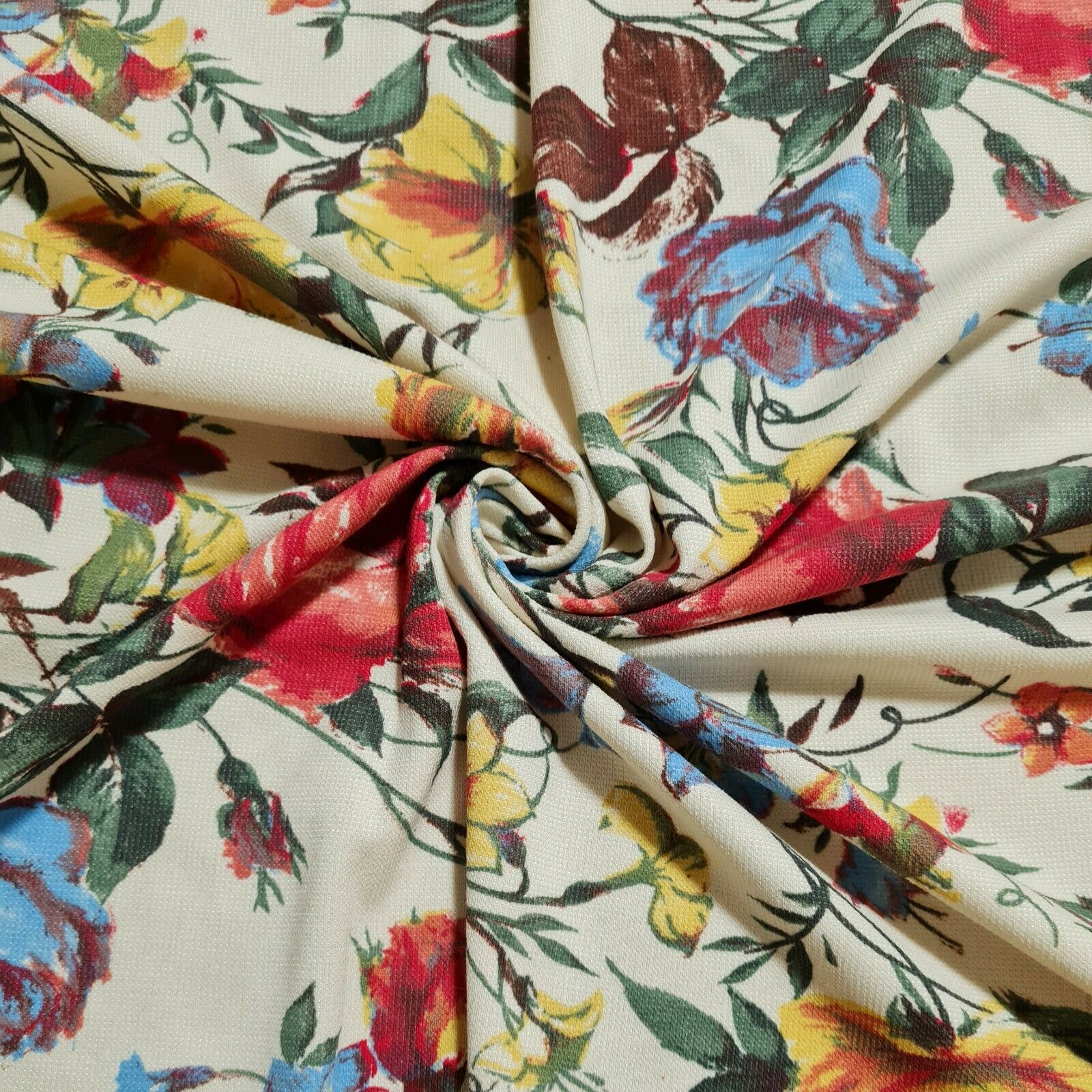 Jeysey T-Shirt Fabric Floral Rose Print Ivory 2 Way Stretch 55" Sold By Metre - Image 2