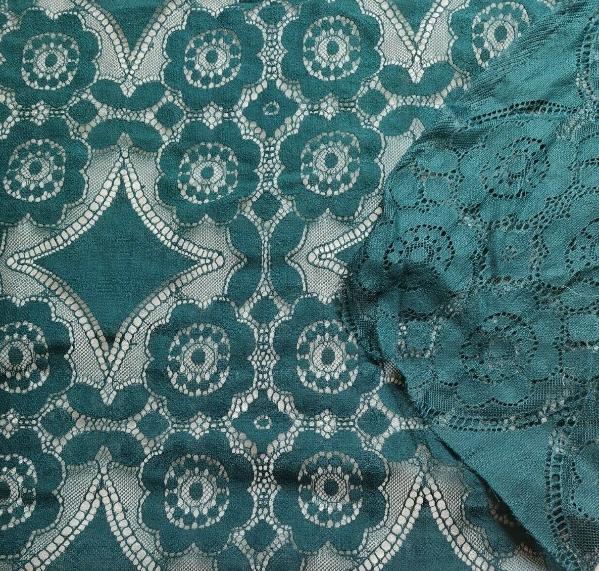 Lace Fabric Petrol Green and Black Colours Non Stretch 55"Wide Sold By Metre - Image 9