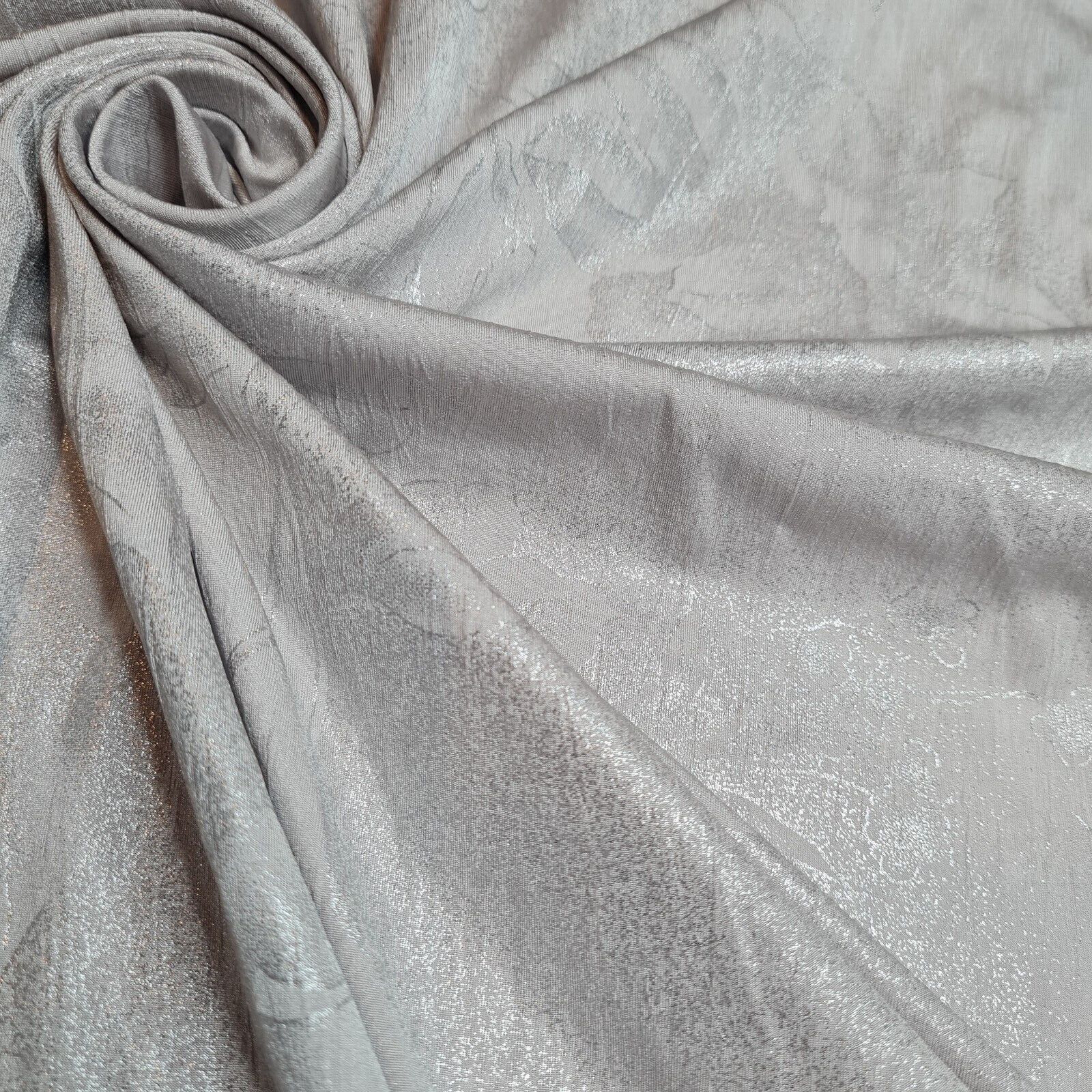 Light Grey Jersey Fabric Silver Floral Print Crinckled Effect 4 Way Stretch 43" - Image 3