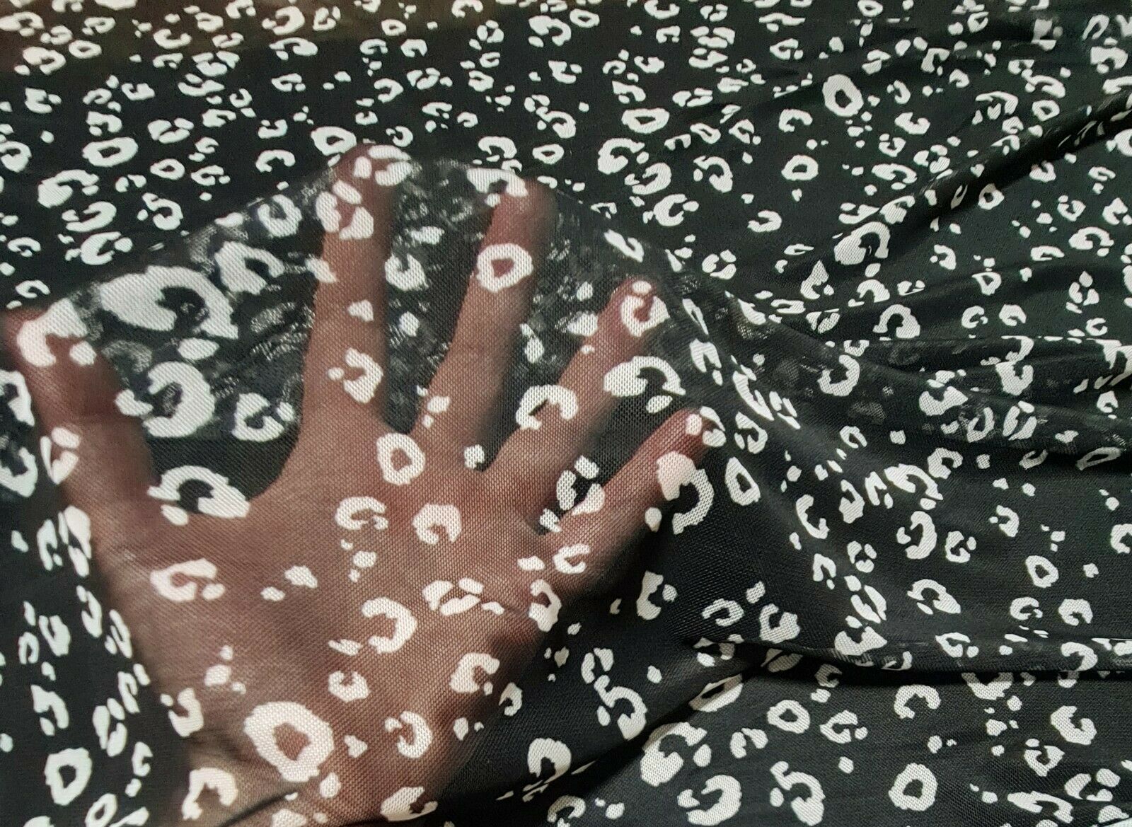 STRETCH NET TULLE FABRIC BLACK AND OFF WHITE LEOPARD PRINTED SOLD BY THE METRE - Image 3
