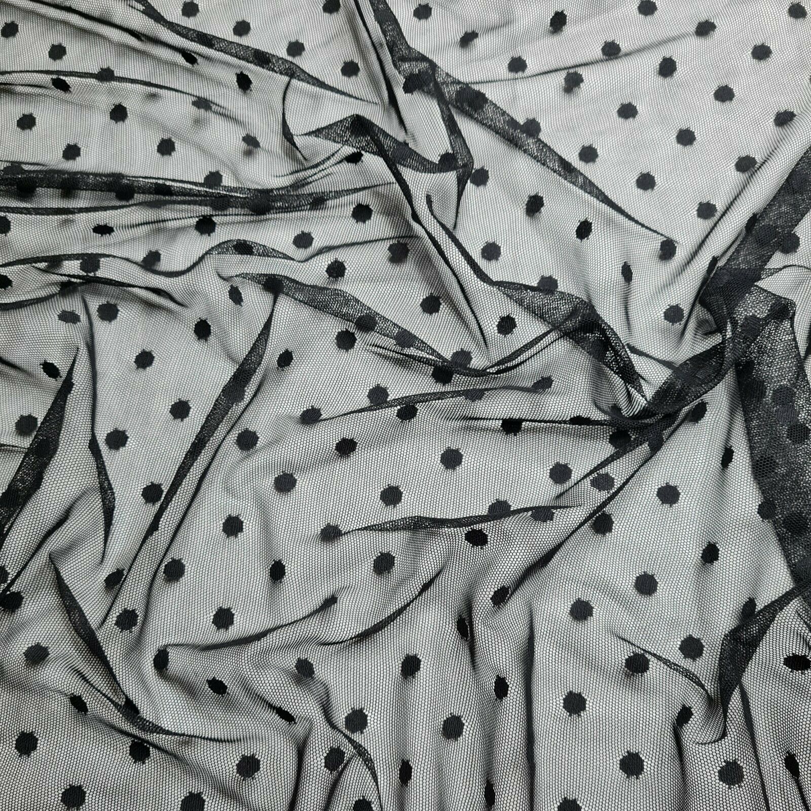 Tulle Mesh Fabric Spotted Black and Mocha Stretch 55" Wide Sold by the Metre - Image 2
