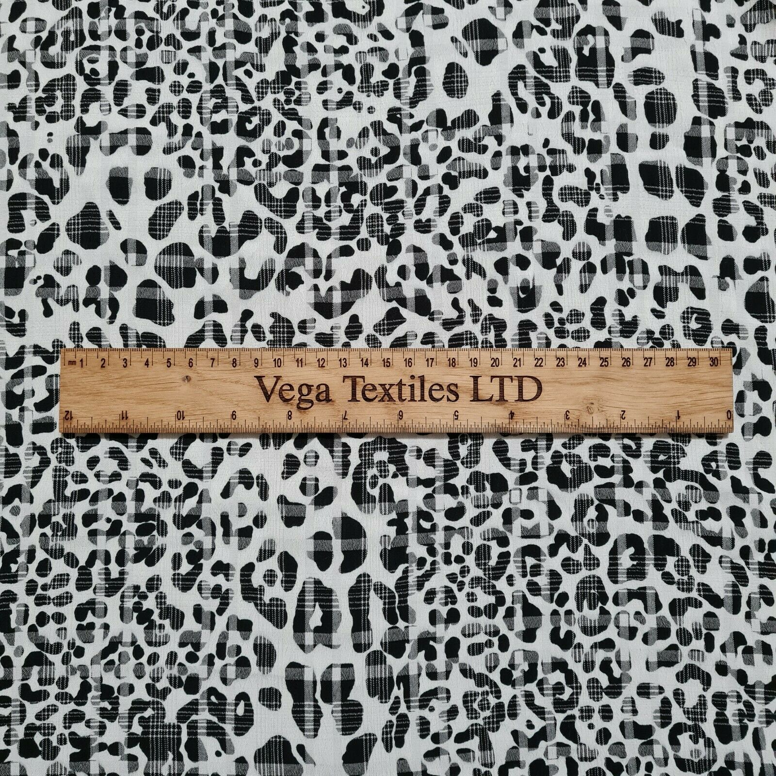 Viscose Polyester Fabric Black And White Cheetah Printed Checked 55" Wide - Image 2