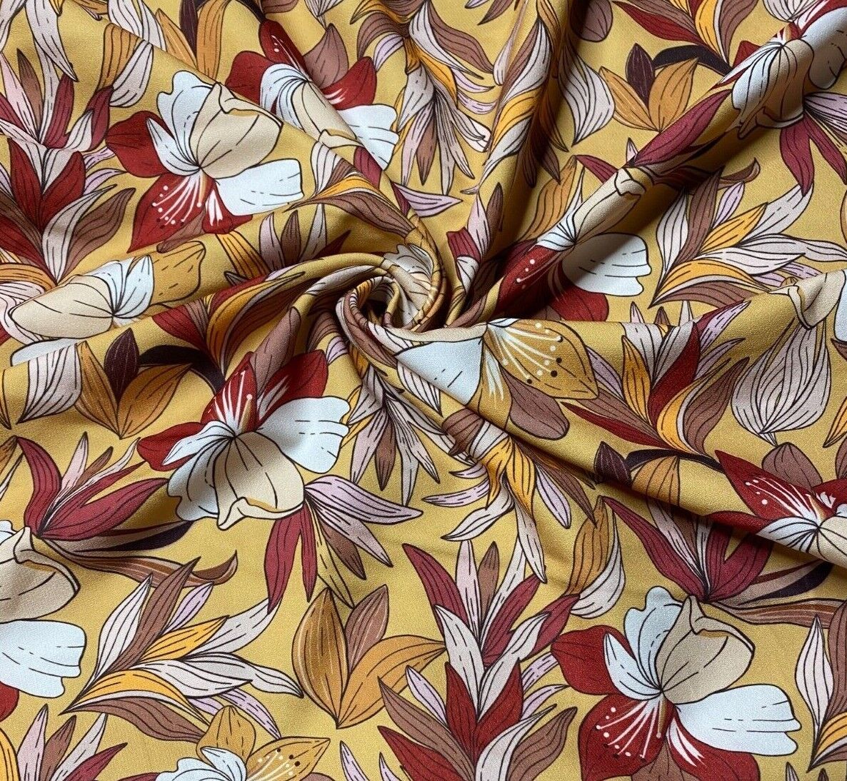 Woven Dressmaking Fabric Brick Brown Cream Mustard Floral 4 Way Stretch - Image 5