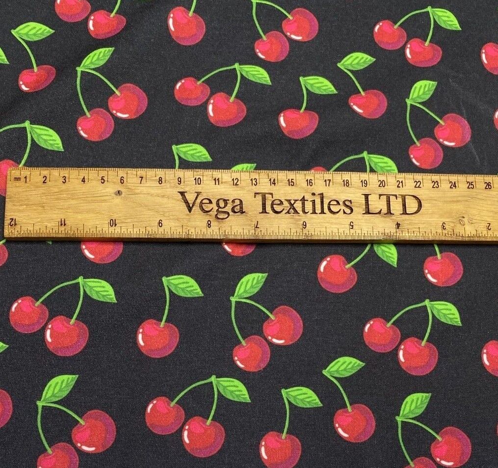 Woven Dressmaking Fabric Cherry Printed Black Colour 4 Way Stretch 55" Wide - Image 5